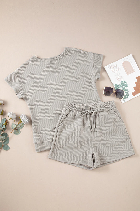 DLLS635 - Ladies Gray Solid Color Textured Loose Top Casual Two Piece Short Set