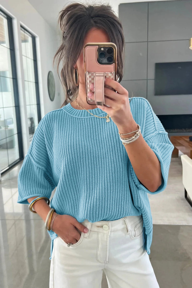 Load image into Gallery viewer, DLLS610 - Ladies Mist Blue Exposed Seam Detail Half Sleeve Loose Sweater

