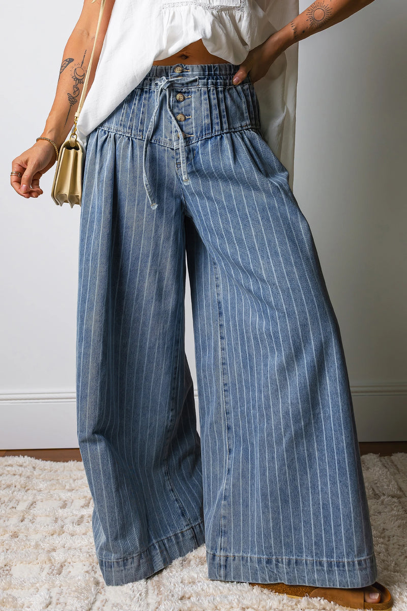 Load image into Gallery viewer, DLLS1002 - Ladies Sky Blue Stripe Button Pleated Drawstring Waist Casual Wide Leg Jeans
