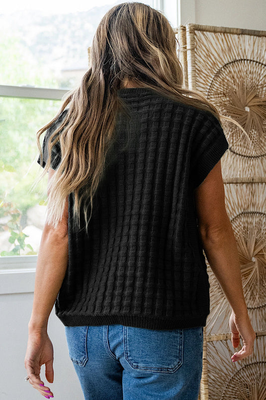 DLLS487 - Ladies Black Solid Color Round Neck Textured Short Sleeve Sweater