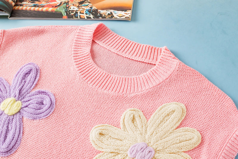 Load image into Gallery viewer, DLLS565 - Ladies Pink Multi Crochet Flower Knit Short Sleeve Sweater Top
