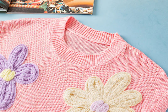 DLLS565 - Ladies Pink Multi Crochet Flower Knit Short Sleeve Sweater Top