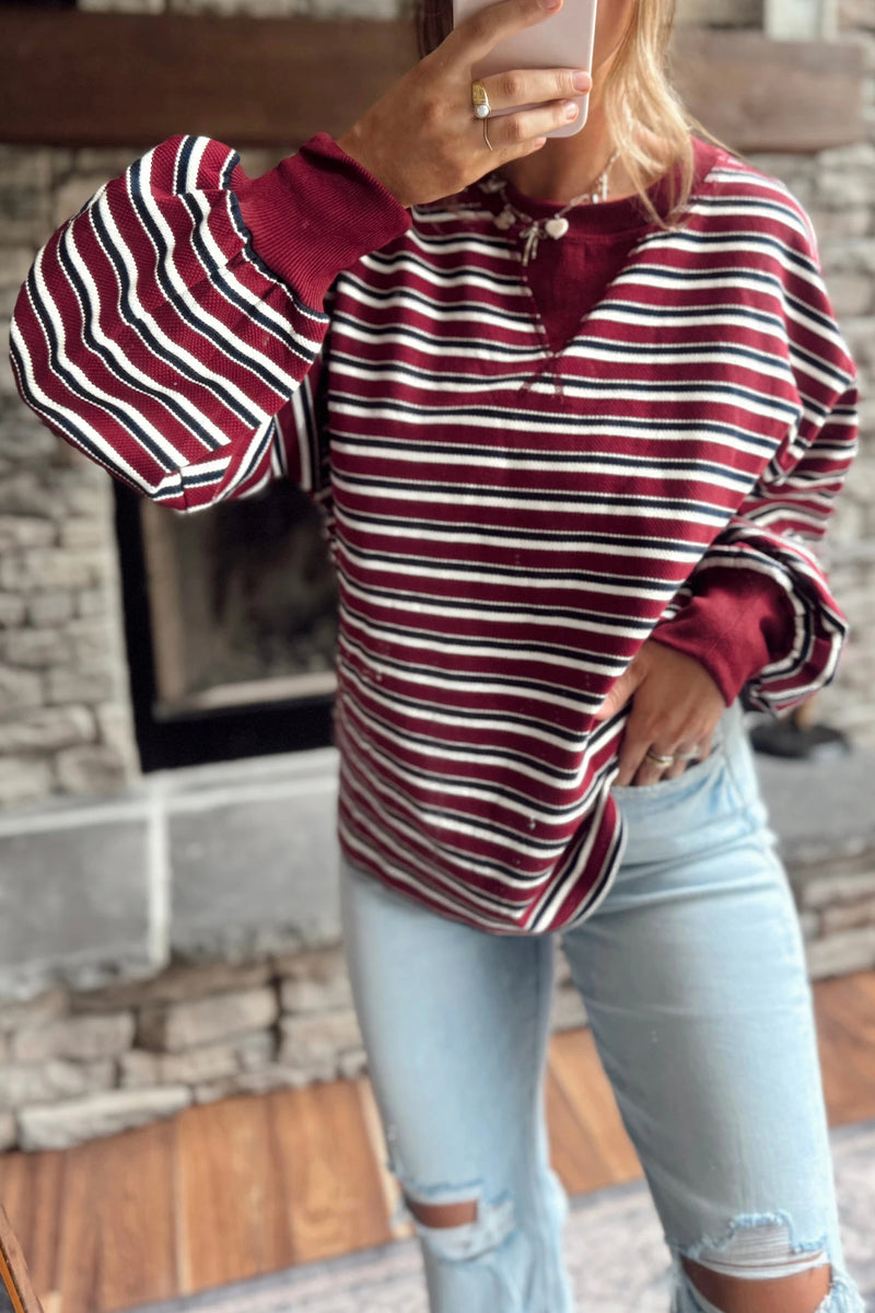 Load image into Gallery viewer, DLLS1022 - Ladies Red Stripe Dropped Shoulder Long Puff Sleeve Top
