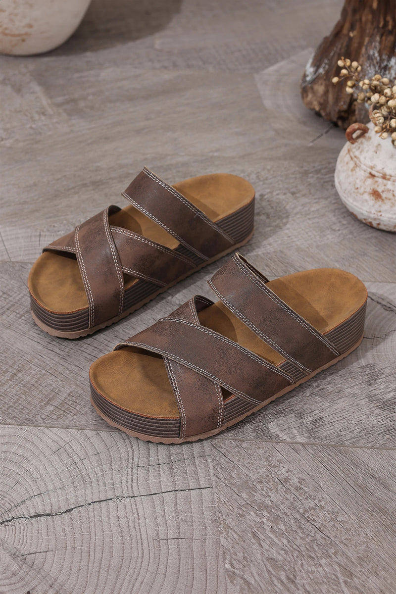 Load image into Gallery viewer, DLLSHOE 69  - Coffee Contrast Stitch Crossed Band Retro Platform Slippers
