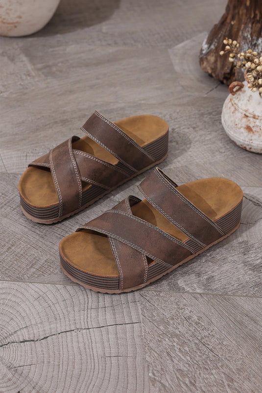 DLLSHOE 69  - Coffee Contrast Stitch Crossed Band Retro Platform Slippers
