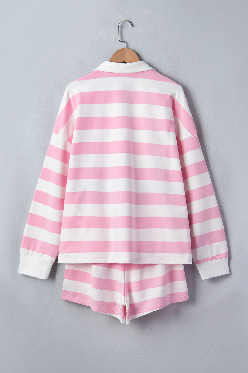 Load image into Gallery viewer, DLLS816 - Ladies Pink Stripe Patchwork Zipper Pullover Elastic Waist Shorts 2pcs Set
