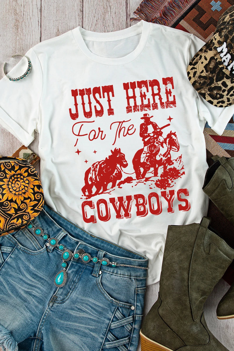 Load image into Gallery viewer, DLLS759 - Ladies White JUST HERE For THE COWBOY Cuffed Sleeve Crew Neck T Shirt

