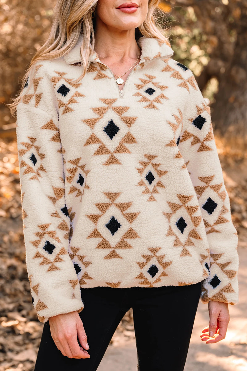 Load image into Gallery viewer, DLLS201 - Ladies Khaki Aztec Print Sherpa Quarter Zip Collar Sweatshirt

