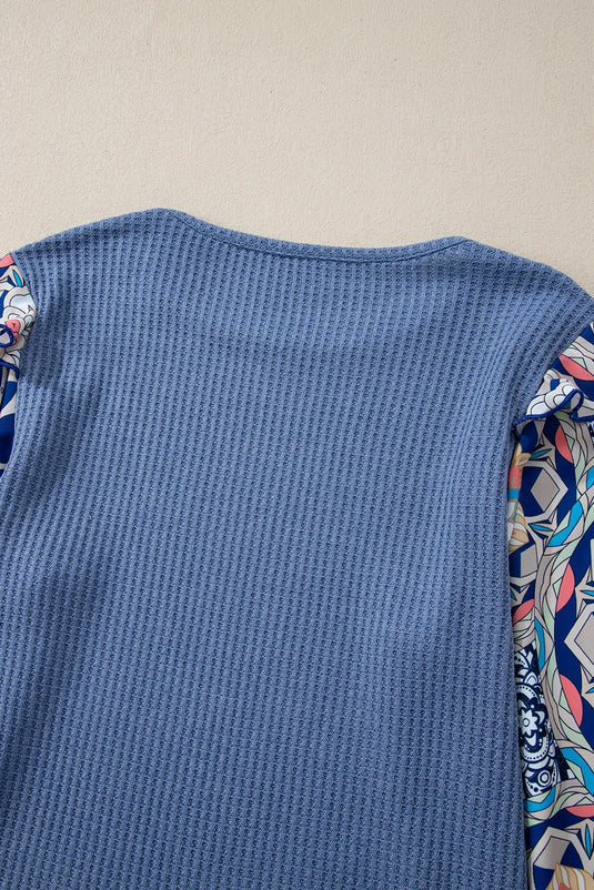 DLLS320 - Ladies Ashleigh Blue Ruffled Floral Sleeve Patchwork Waffle Knit O Neck Blouse