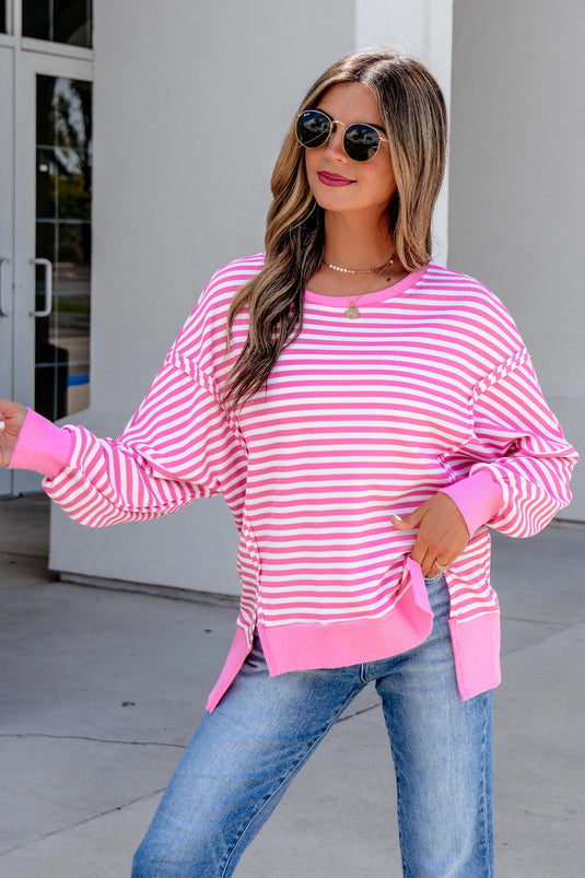 DLLS1134 - Ladies Pink Stripe Textured Knit Color Block Trim Split Hem Long Sleeve Top