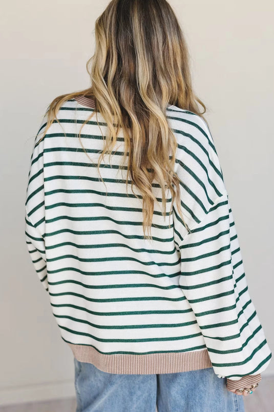 DLLS405 - Ladies White Stripe Twisted Ribbed Patchwork Drop Shoulder Round Neck Sweatshirt