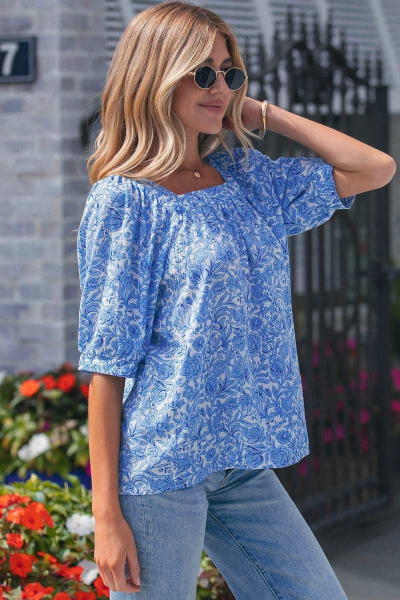 Load image into Gallery viewer, DLLS936 - Ladies Sky Blue Square Neck Short Puff Sleeve Pleated Floral Blouse
