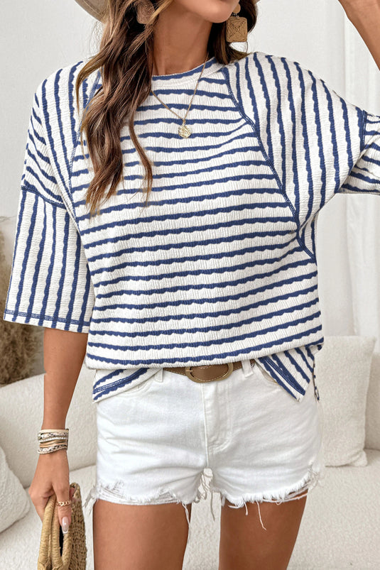 DLLS393 - Ladies Blue Stripe Textured Knit Split Hem Half Sleeve Loose Top