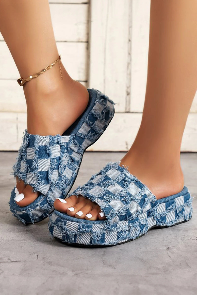 Load image into Gallery viewer, DLLSHOE 121 - Peacock Blue Frayed Checkered Pattern Low Platform Canvas Slippers
