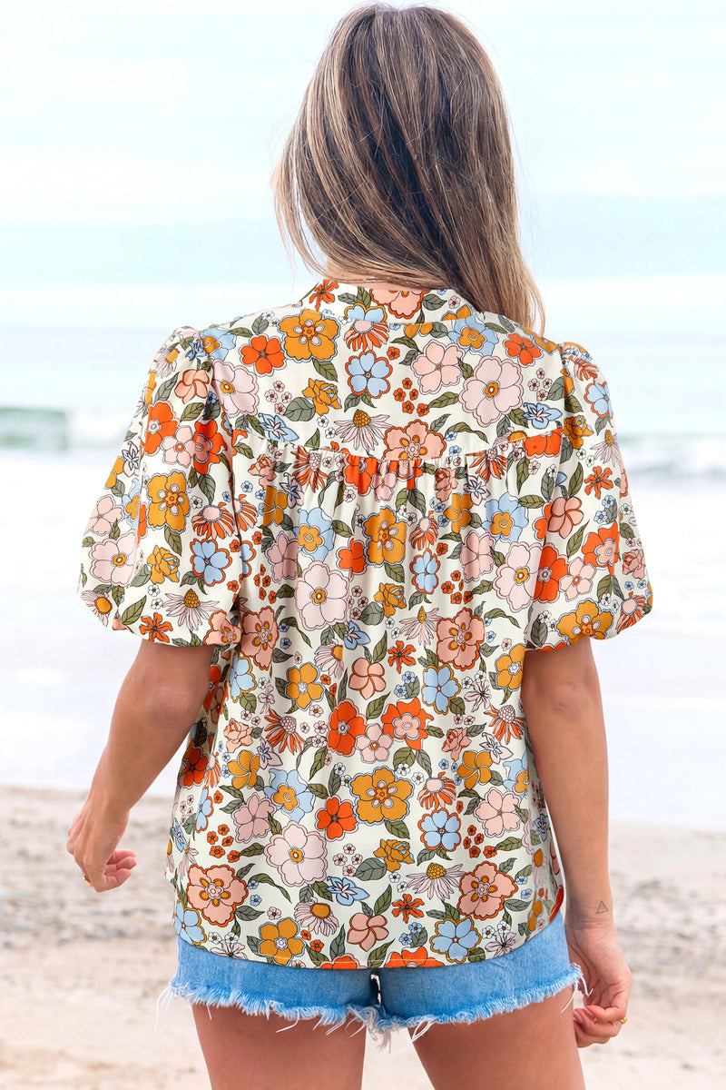Load image into Gallery viewer, DLLS939 - Ladies Multicolour Crochet V Neckline Puff Sleeve Boho Flower Blouse
