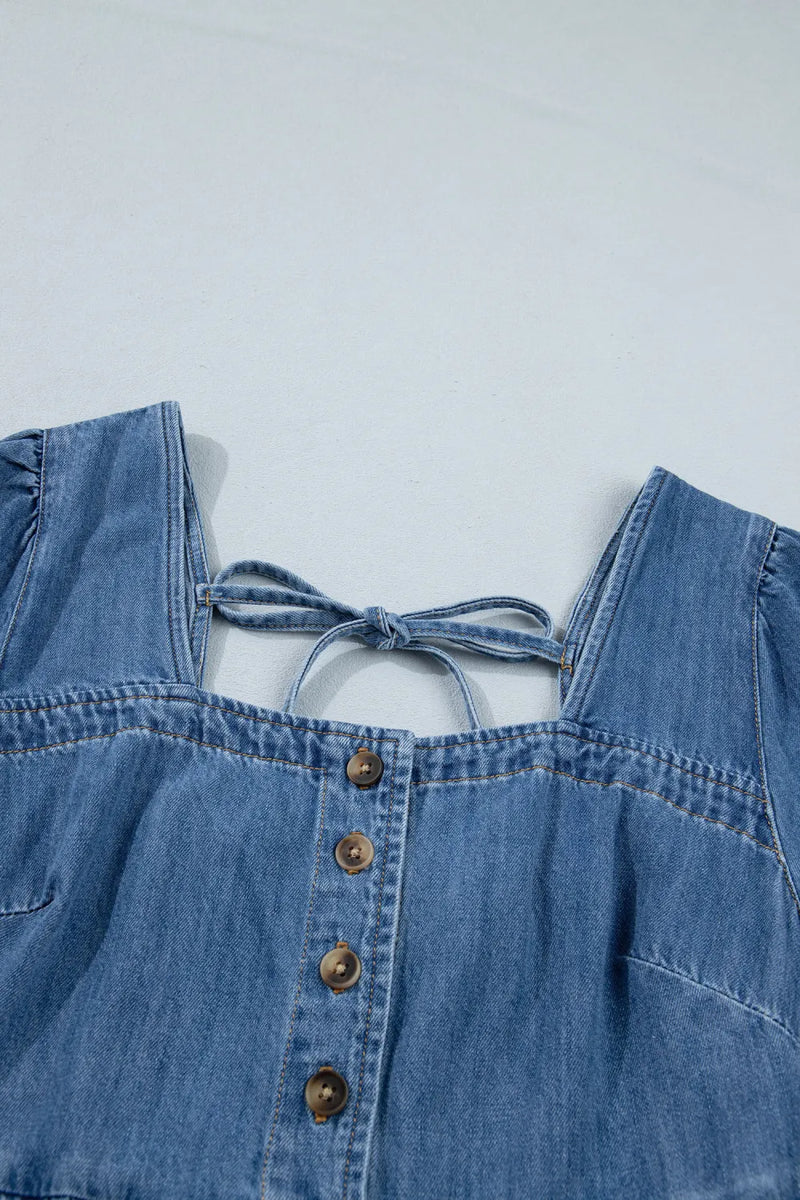 Load image into Gallery viewer, DLLS596 - Ladies Prussian Blue Button Square Neck Short Puff Sleeve Denim Mini Dress
