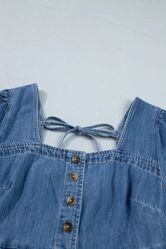 DLLS596 - Ladies Prussian Blue Button Square Neck Short Puff Sleeve Denim Mini Dress