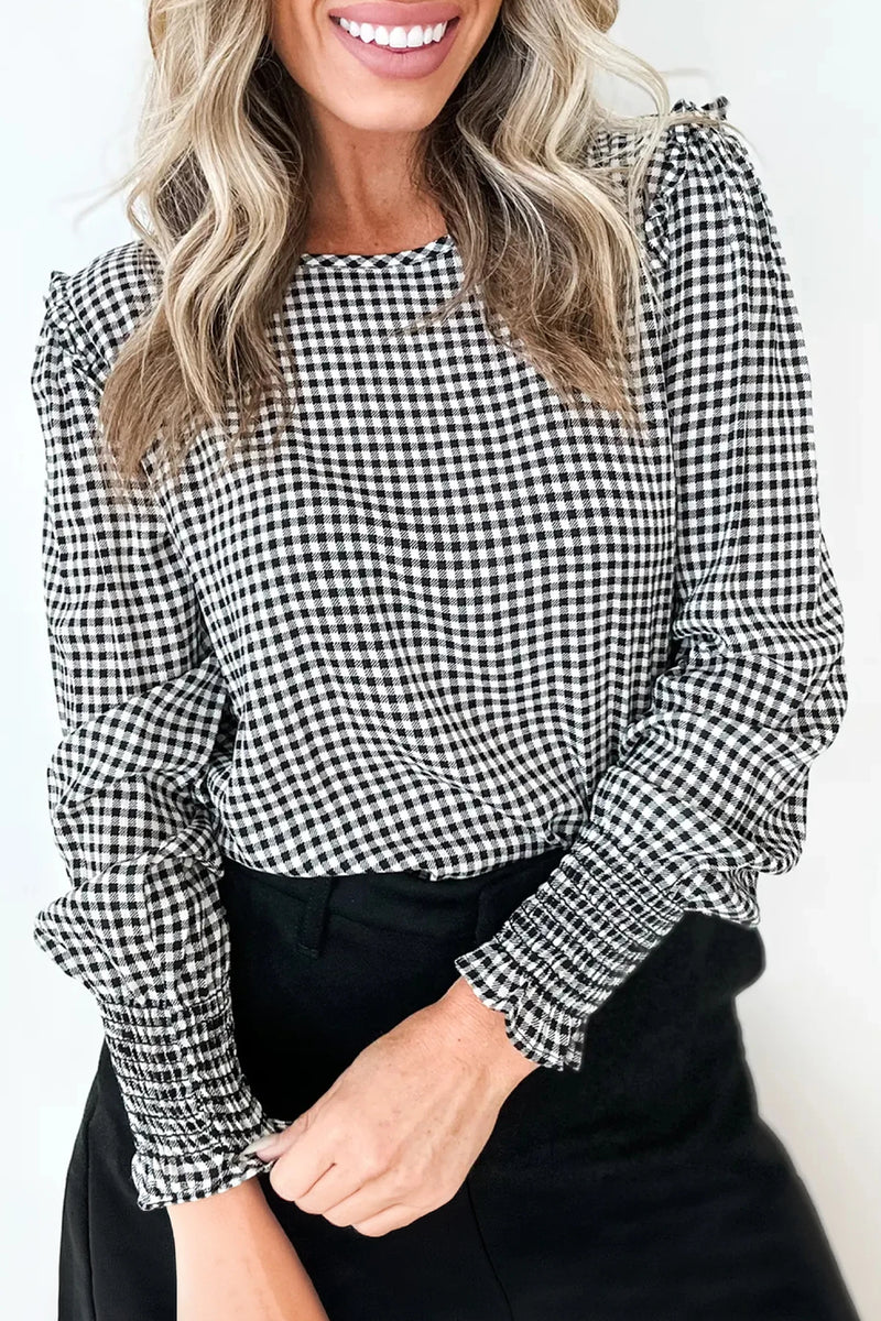 Load image into Gallery viewer, DLLS818 - Ladies Black Plaid Shirred Cuff Long Sleeve Round Neck Blouse
