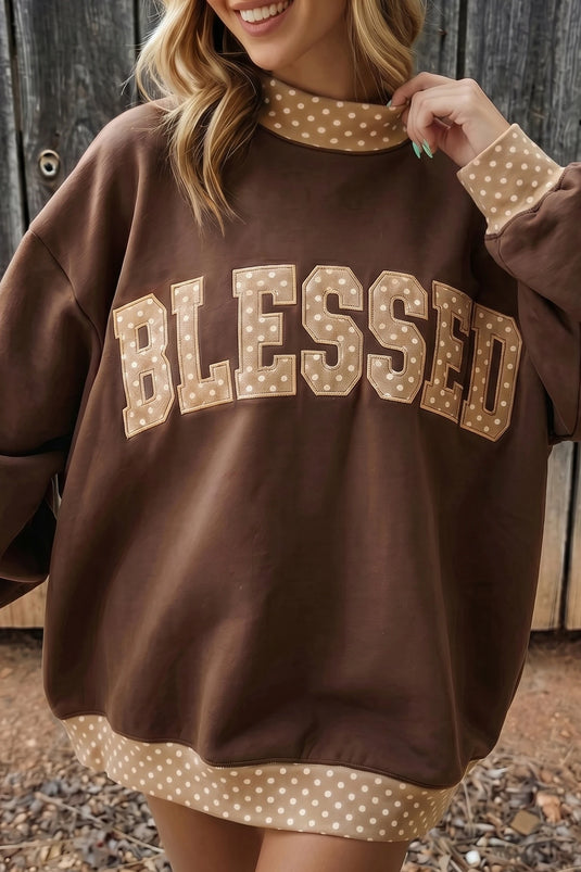 DLLS969 - Ladies Coffee Plaid Trim High Neck BLESSED Letter Graphic Baggy Sweatshirt