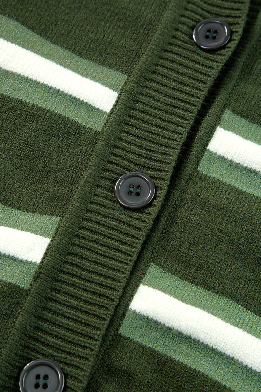 DLLS290 - Ladies Green Stripe Drop Shoulder Buttons Cardigan Sweater