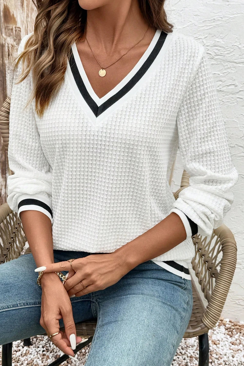 Load image into Gallery viewer, DLLS331 - Ladies White Textured Knit Preppy Striped Trim V Neck Pullover Waffle Top
