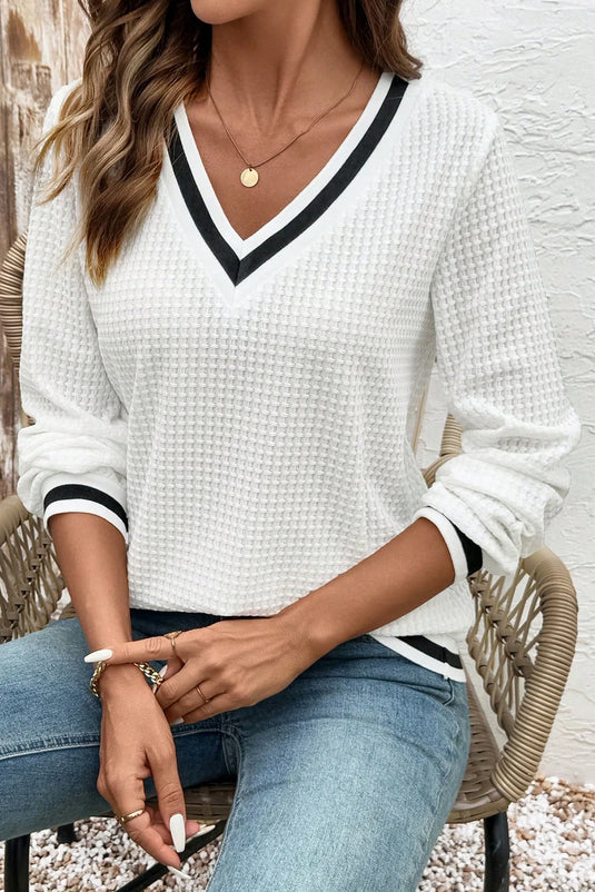 DLLS331 - Ladies White Textured Knit Preppy Striped Trim V Neck Pullover Waffle Top