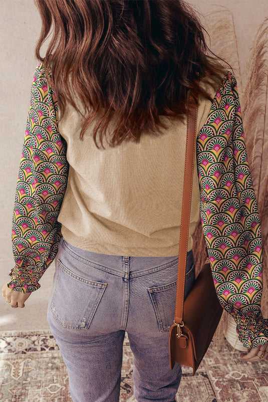DLLS1015 - Ladies Apricot Floral Patchwork Shirred Cuff Puff Sleeve Sweater