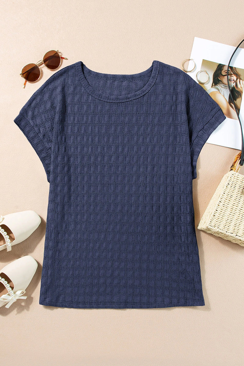 Load image into Gallery viewer, DLLS479 - Ladies Sail Blue Solid Color Textured Batwing Sleeve Tee
