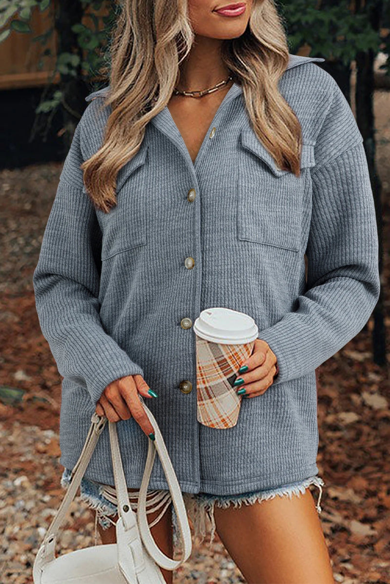 Load image into Gallery viewer, DLLS271 - Ladies Medium Grey Ribbed Knit Buttons Front Flap Pocket Casual Shacket

