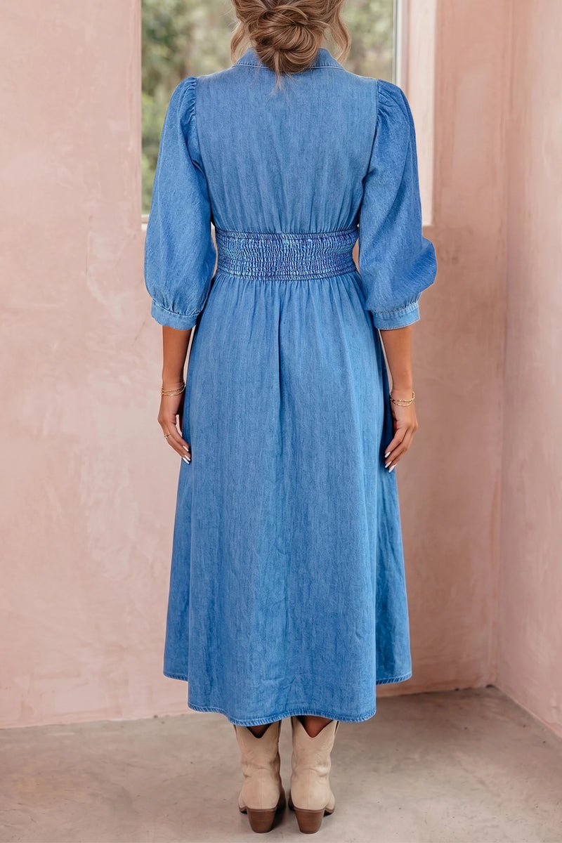 Load image into Gallery viewer, DLLS668 - Ladies Blue Shirred Waist Midi Dress Zip Front Puff Sleeve Casual Shift Denim Dress
