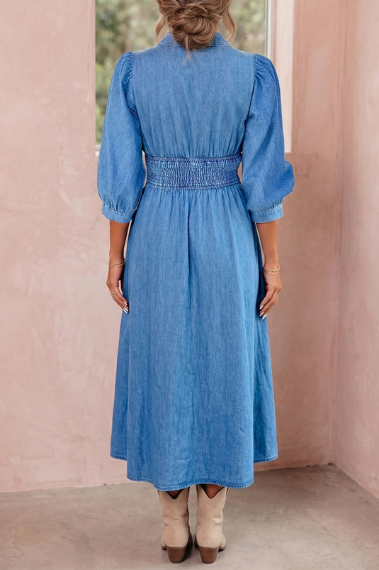 DLLS668 - Ladies Blue Shirred Waist Midi Dress Zip Front Puff Sleeve Casual Shift Denim Dress
