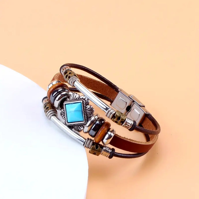TMBC25 - PU Leather Bracelet w/Square Turquoise Accent