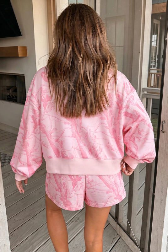 DLLS900 - Ladies Pink Abstract Print Crewneck Long Sleeve Top Elastic Waist Short Set