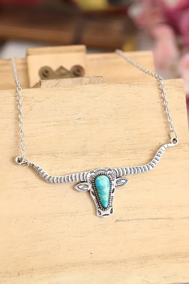 Load image into Gallery viewer, DLLNK 1 - Light Blue Turquoise Steer Head Pendant Chain Necklace

