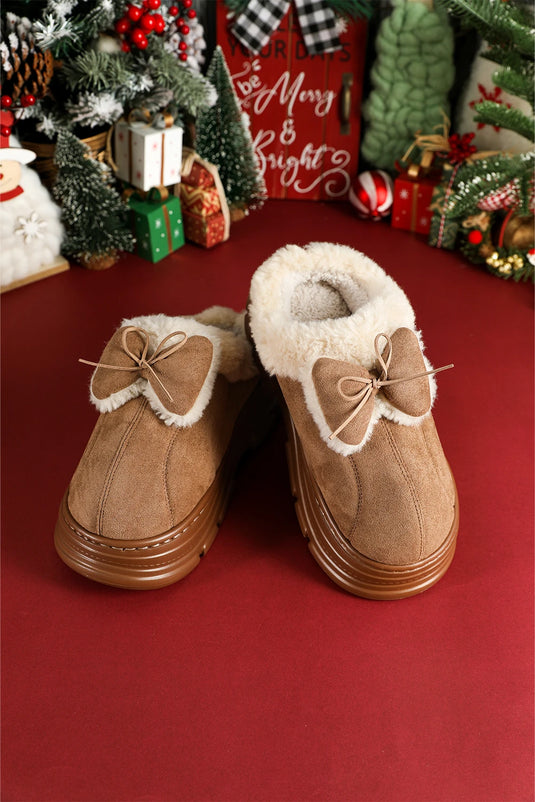 DLLSHOE 131 - Straw Yellow Cozy Faux Fur Lined Bow Decor Clog Slippers