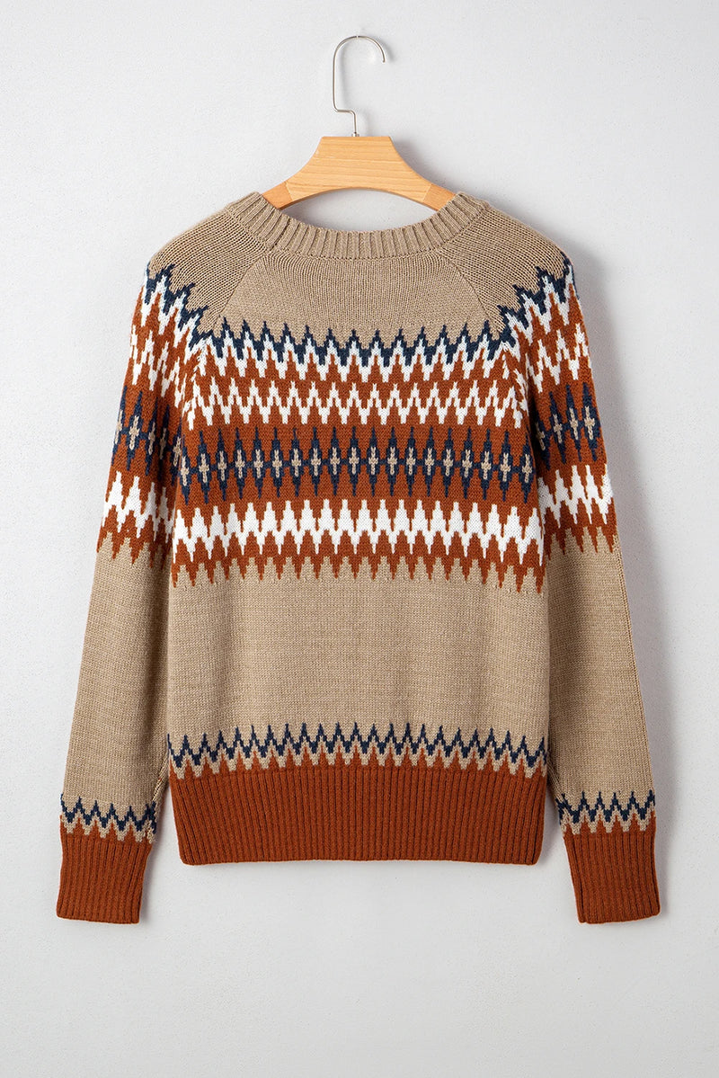 Load image into Gallery viewer, DLLS138 - Ladies Khaki Aztec Print Colorblock Crew Neck Sweater
