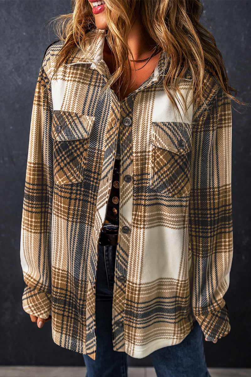 Load image into Gallery viewer, DLLS107 - Ladies Multicolour Plaid Print Flap Pocket Button Up Shacket
