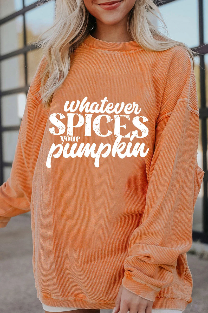 Load image into Gallery viewer, DLLS990 - Ladies Orange Whatever Spices Your Pumpkin Corded Pullover Sweatshirt
