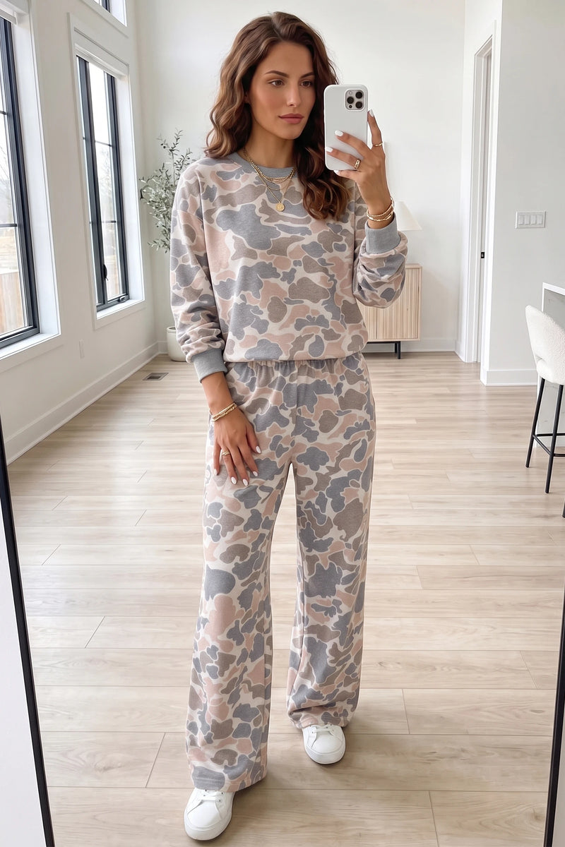 Load image into Gallery viewer, DLLS771 - Ladies Multicolour Camouflage Print Long Sleeve Top Loose 2pcs Pants Set
