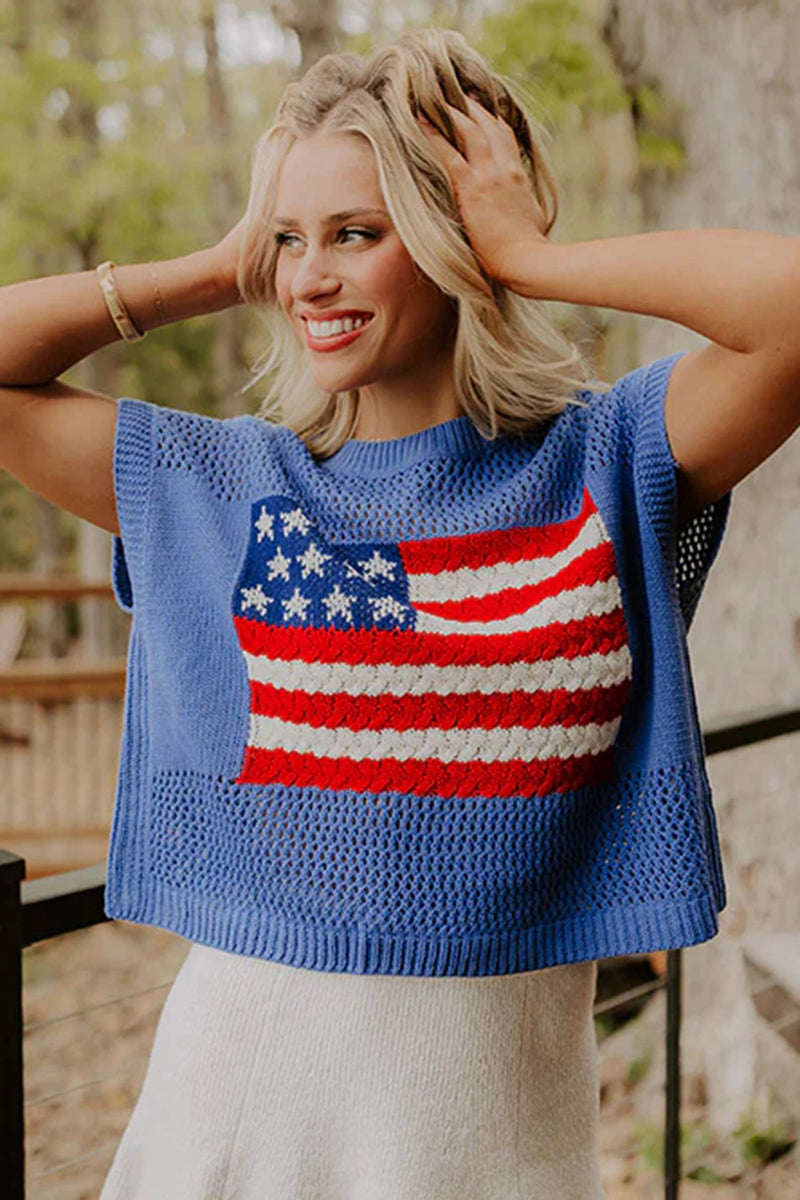 Load image into Gallery viewer, DLLS525 - Ladies Sky Blue Flag Graphic Short Sleeve Sweater Top
