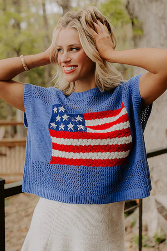 DLLS525 - Ladies Sky Blue Flag Graphic Short Sleeve Sweater Top