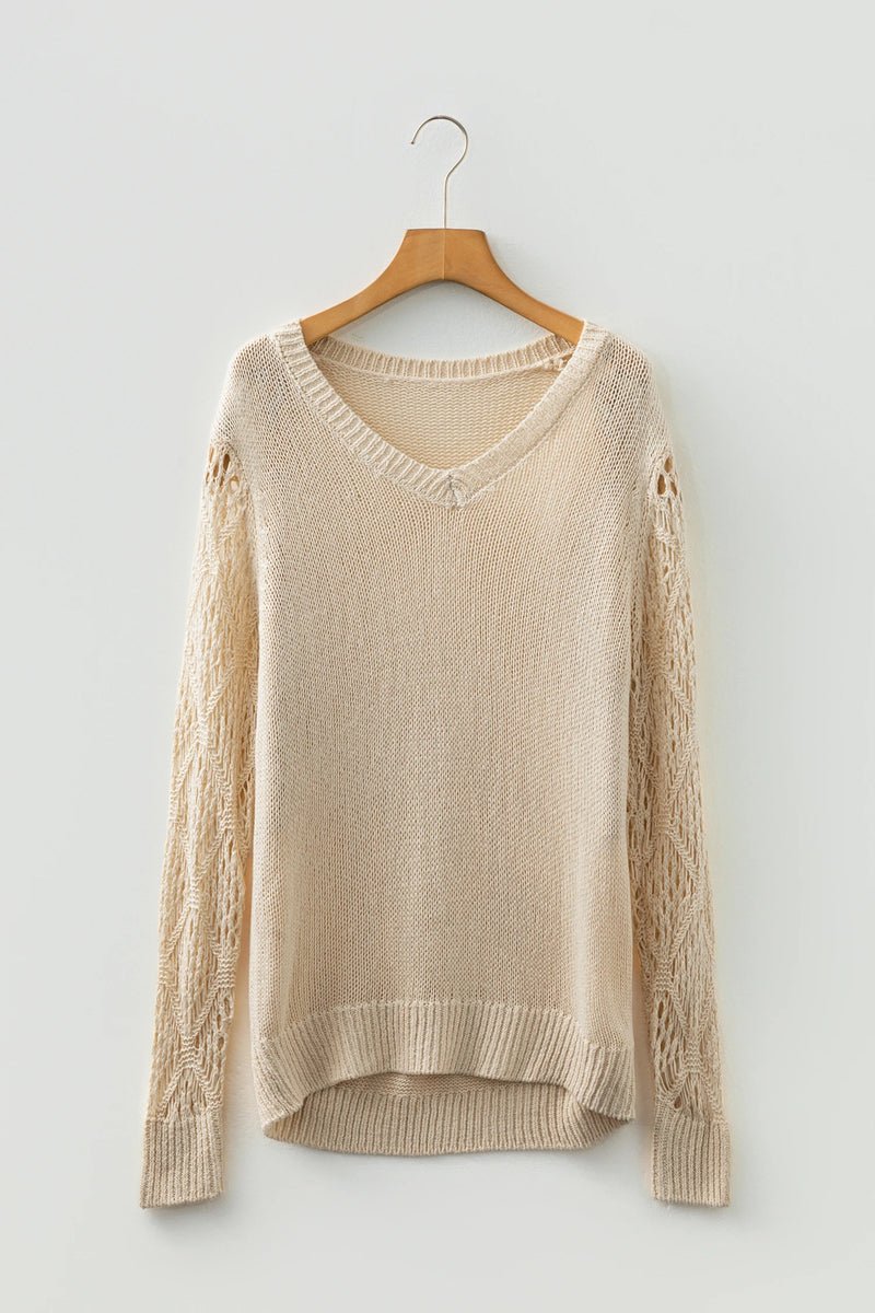 Load image into Gallery viewer, DLLS387- Ladies Jet Stream Solid V Neck Pointelle Knit Sleeve Patchwork Sweater
