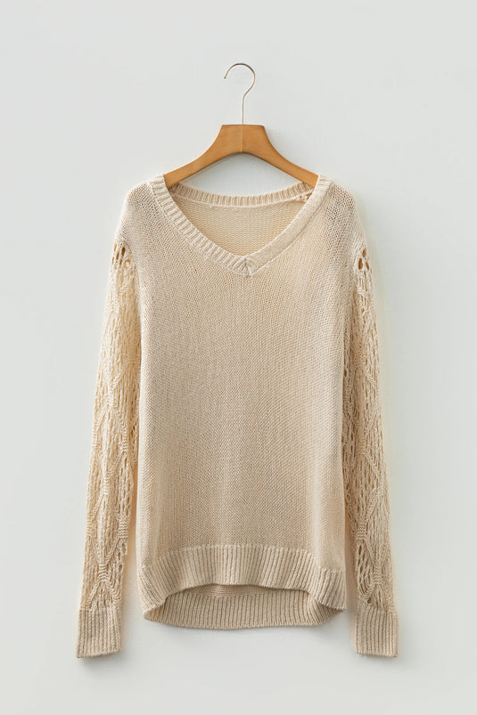 DLLS387- Ladies Jet Stream Solid V Neck Pointelle Knit Sleeve Patchwork Sweater