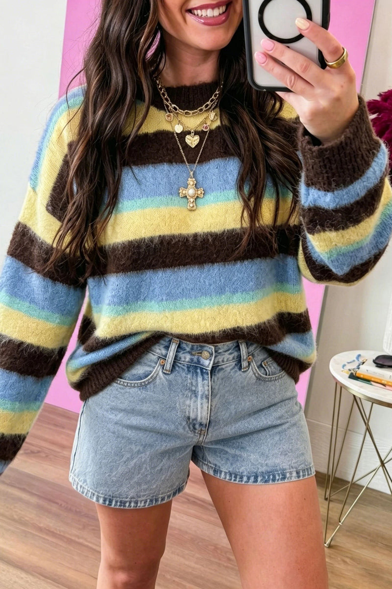 Load image into Gallery viewer, DLLS949 - Ladies Multicolour Fuzzy Striped Knit Round Neck Casual Shift Sweater
