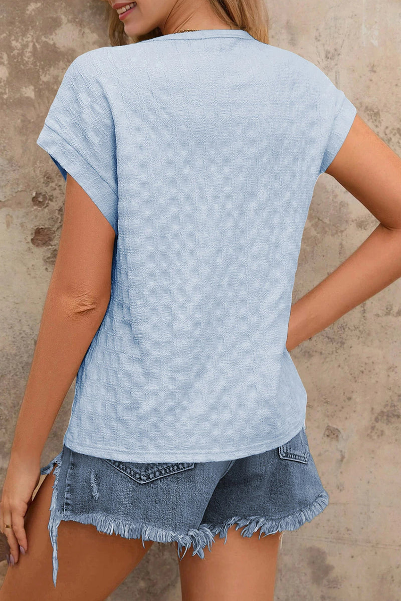 Load image into Gallery viewer, DLLS478 - Ladies Sky Blue Solid Color Textured Batwing Sleeve Tee
