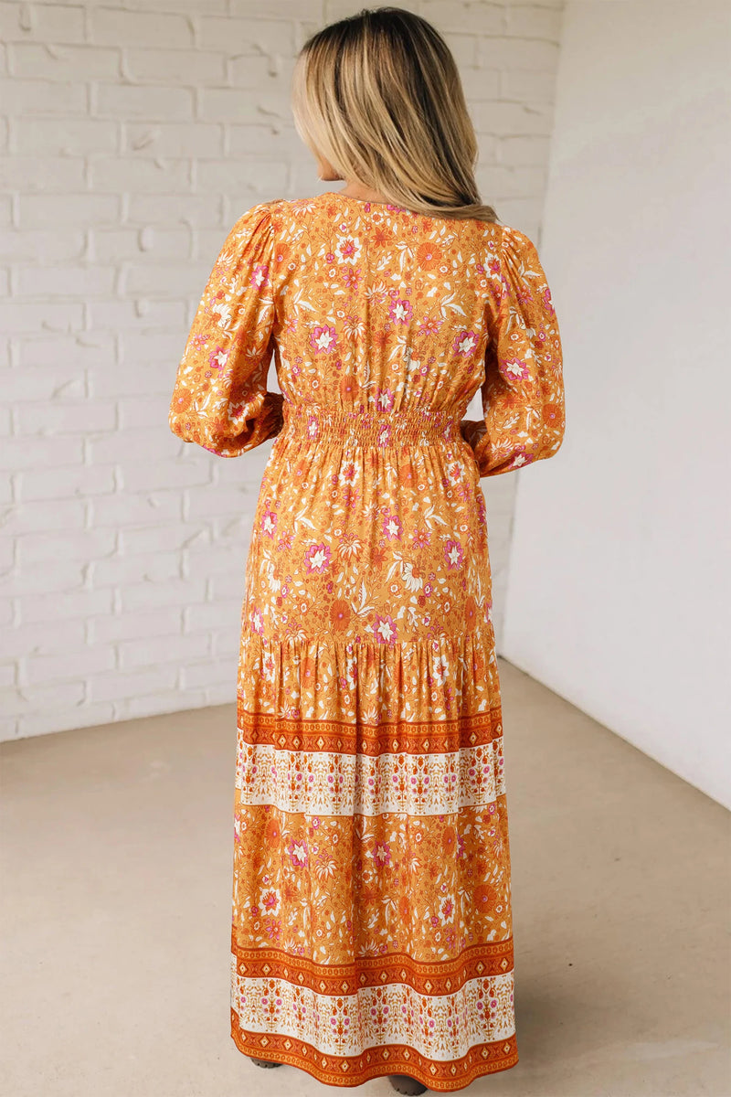 Load image into Gallery viewer, DLLS995 - Ladies Orange Floral Print Smocked Waist Long Sleeve Boho Maxi Dress
