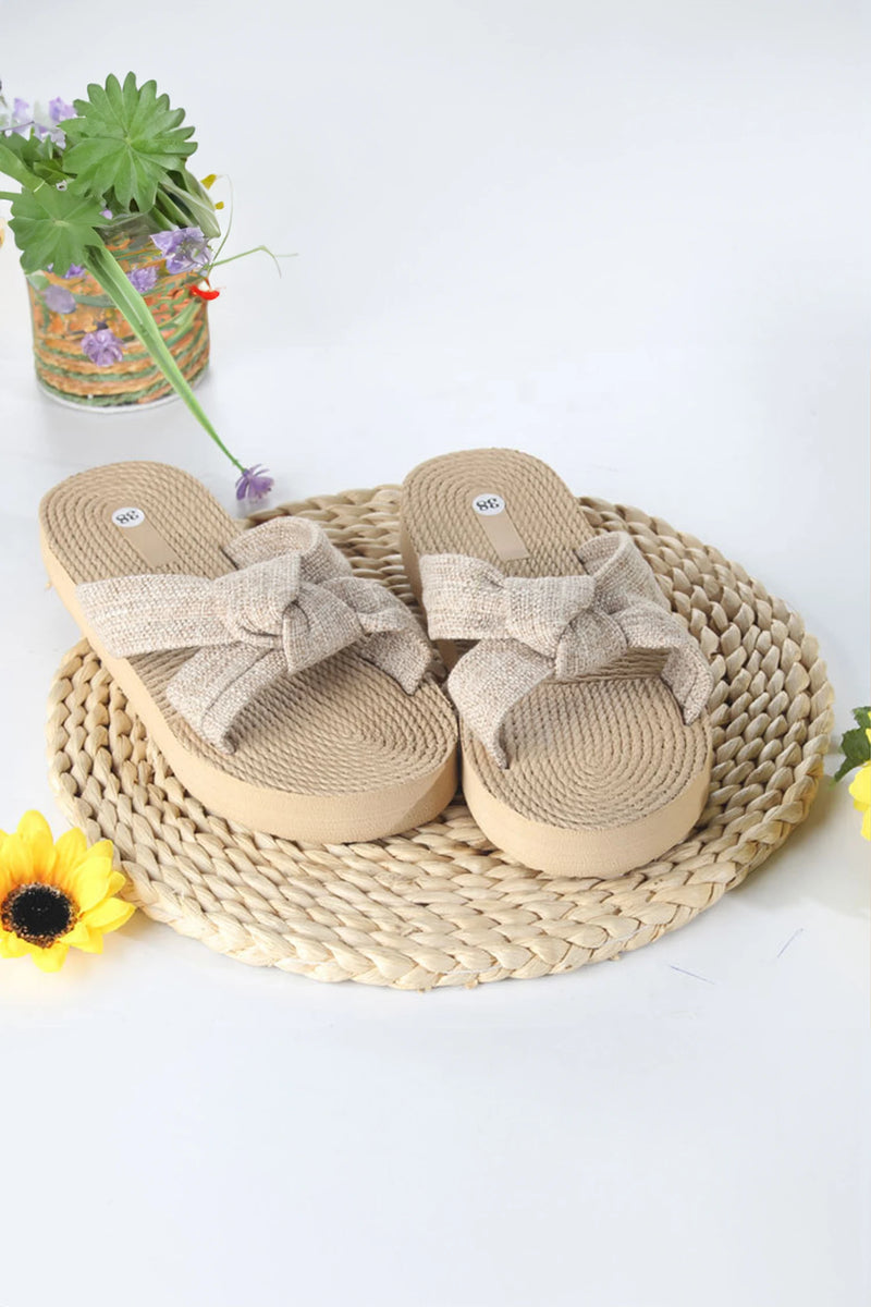 Load image into Gallery viewer, DLLSHOE 39 - Parchment Boho Linen Bow Raffia Woven Light PVC Slippers
