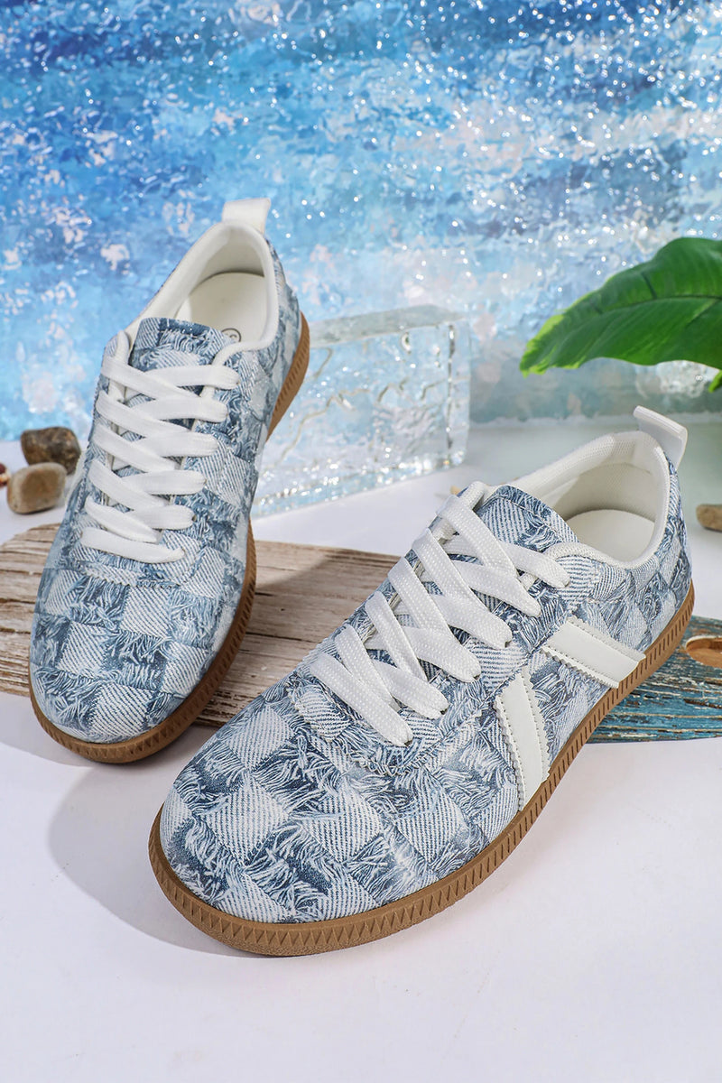 Load image into Gallery viewer, DLLSHOE 104 - Ashleigh Blue Stylish Denim Checkered Print Lace Up Flat Shoes
