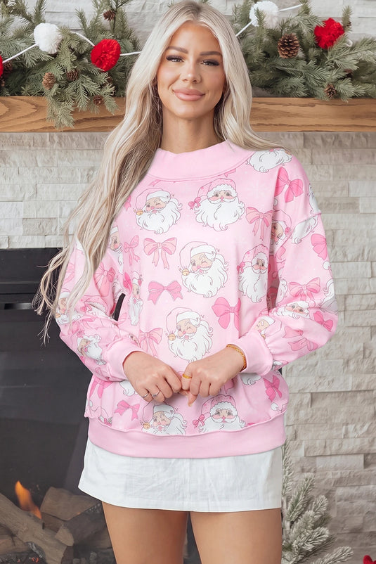 DLLS947 - Ladies Pink Abstract Santa Print Drop Shoulder High Neck Sweatshirt