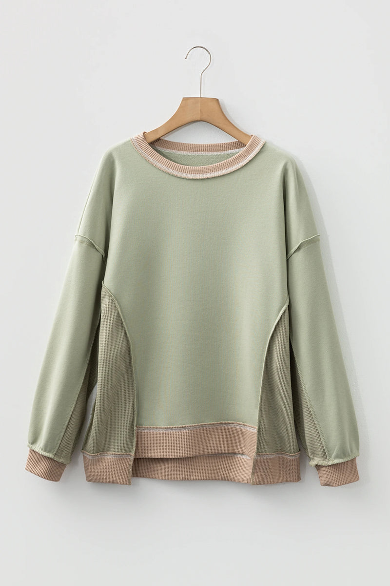 Load image into Gallery viewer, DLLS396 - Ladies Smoke Green Color Block Mix Texture Waffle Patchwork Oversize Sweatshirt

